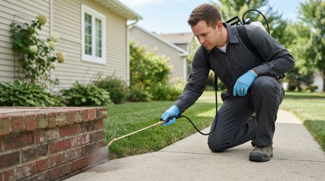 Pest control technician treating a home near Grace City, ND