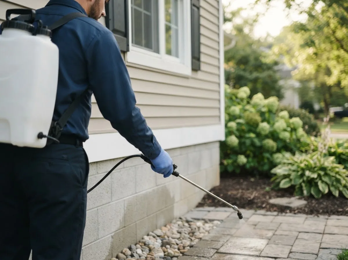 Pest control technician inspecting a home in Grace City, ND